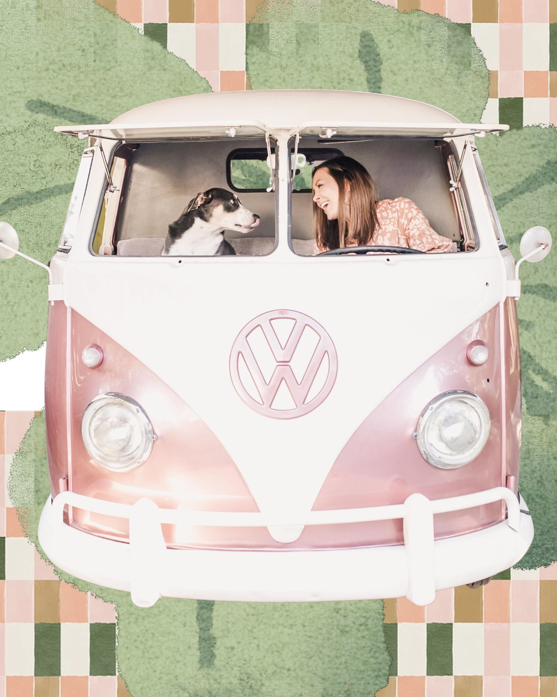 Volkswagen van with a woman and dog on a colorful background