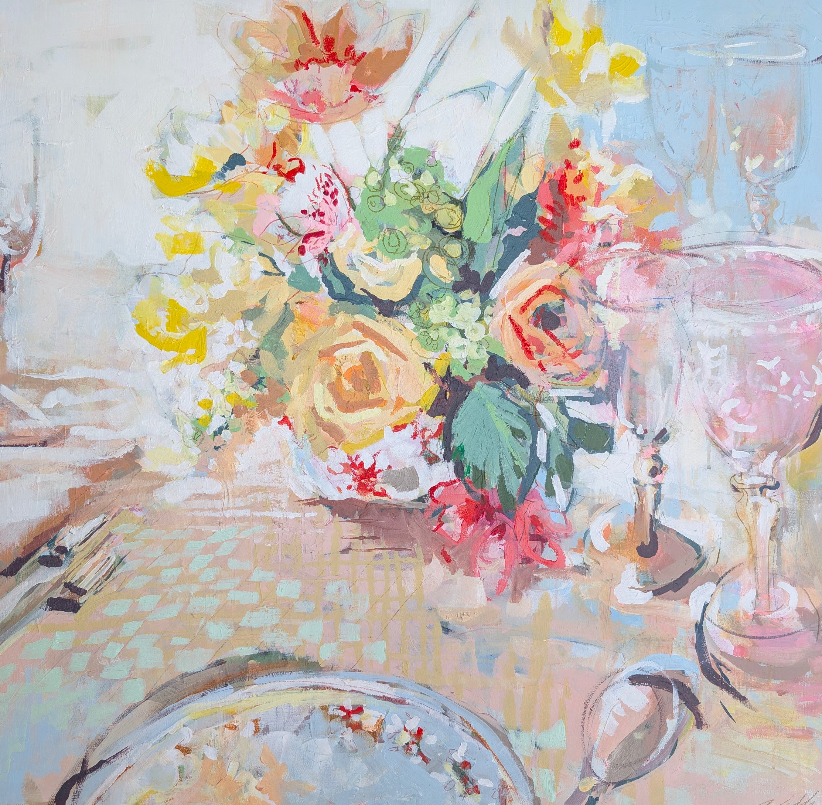 Watercolor painting of a floral arrangement on a table with glasses and plates.