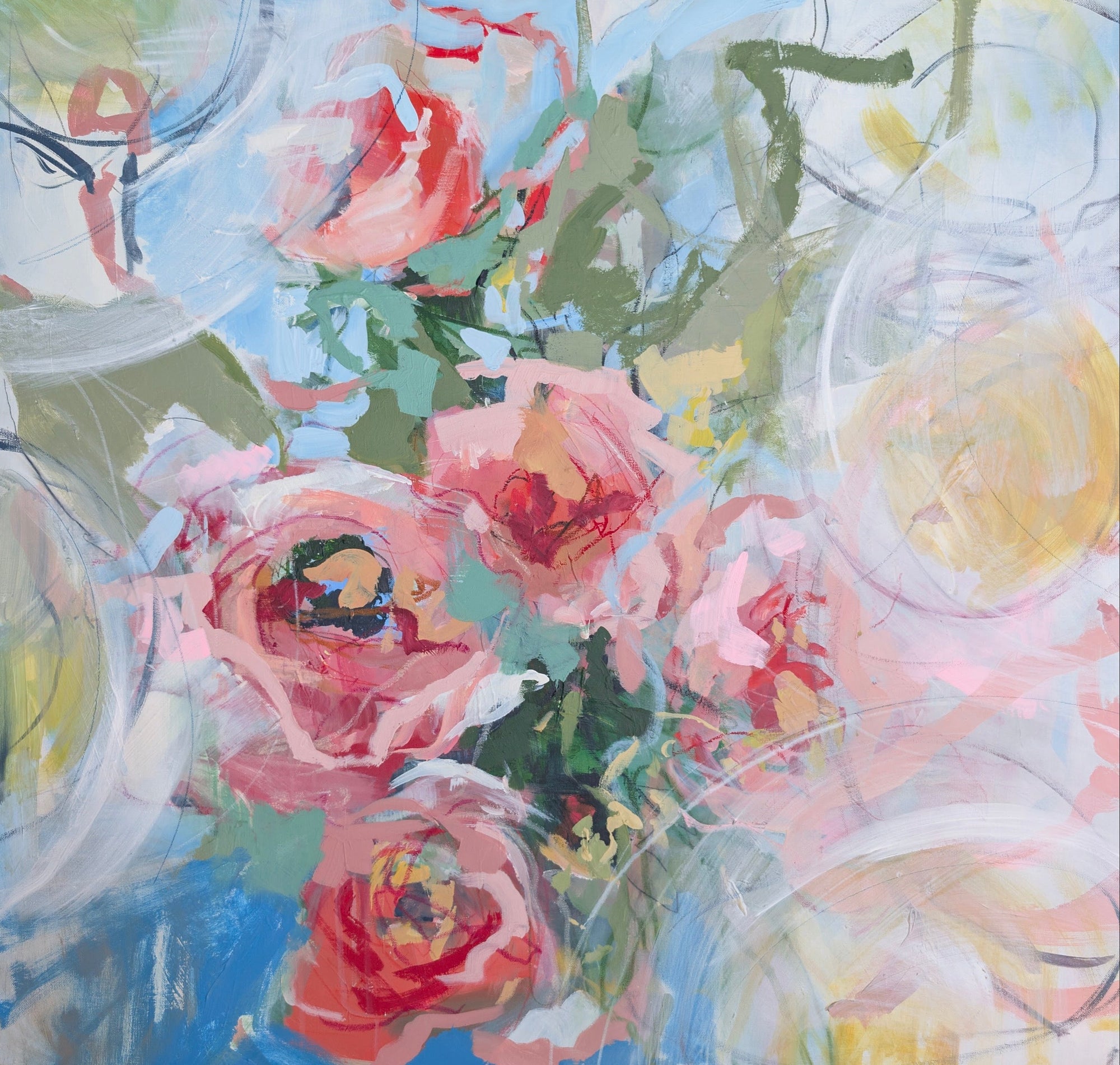 Colorful floral painting with soft focus and abstract elements