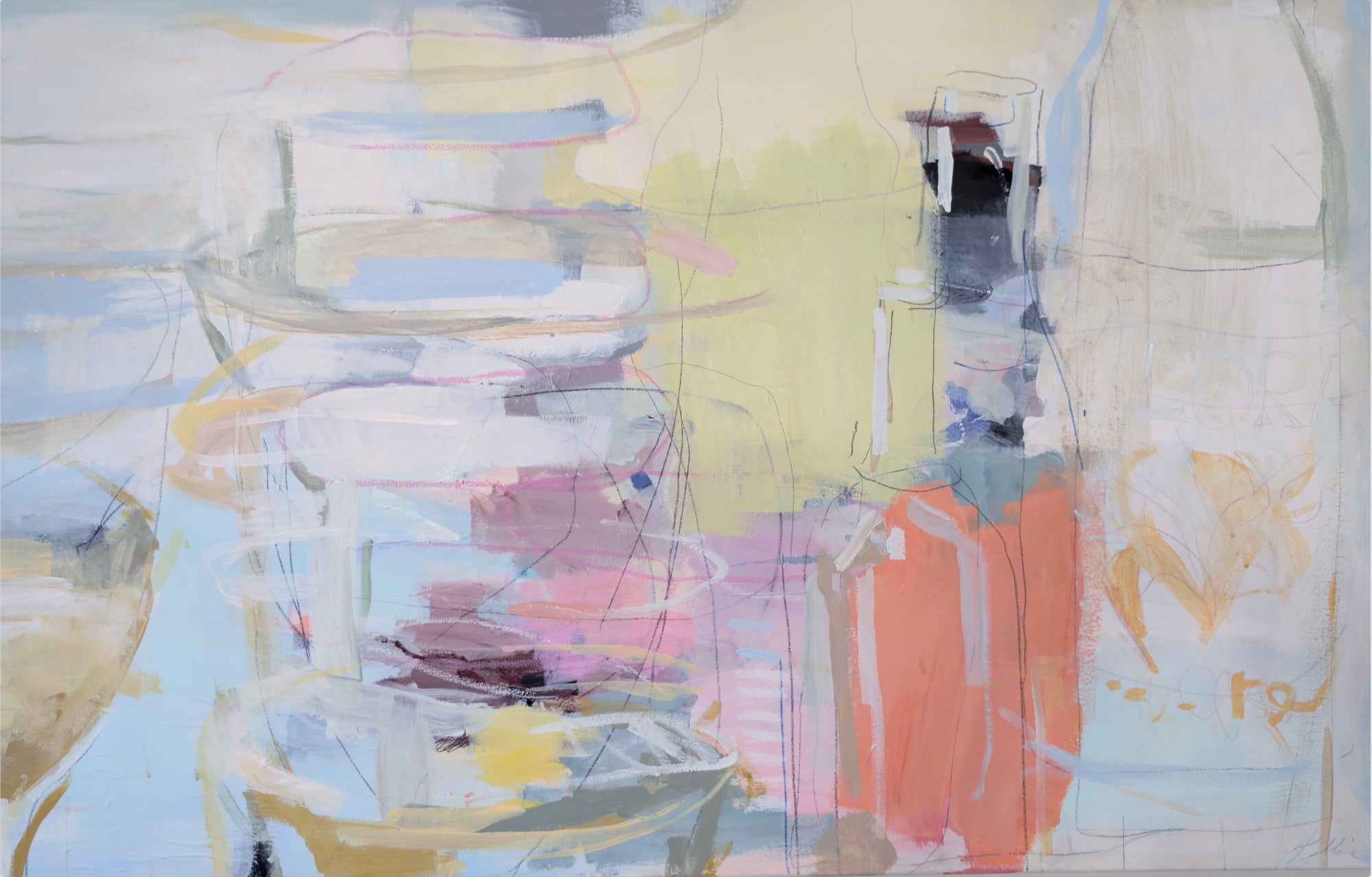 Abstract art piece with pastel colors and geometric shapes