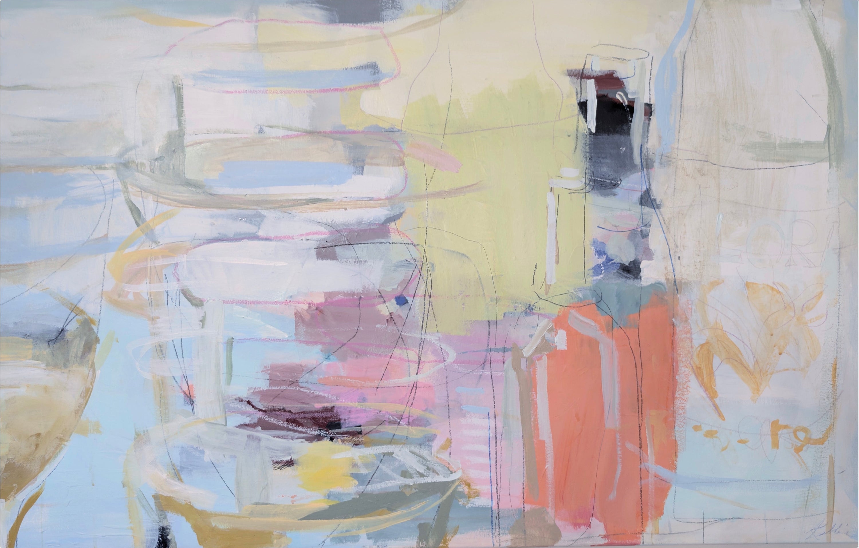 Abstract art piece with pastel colors and geometric shapes